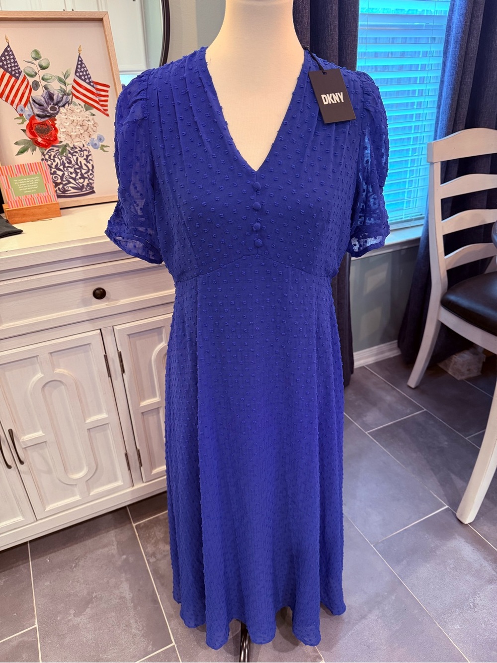 DKNY Royal Blue V-Neck Textured Midi Dress